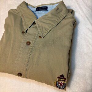 Ralph Lauren Chaps Mens Large Button Down Shirt Beige Logo Long Sleeve Preppy